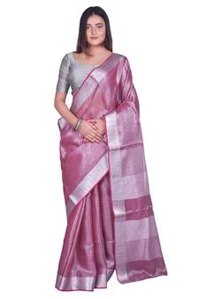 Handcrafted Magenta Tissue Linen saree with silver Zari border