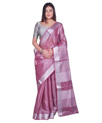 Handcrafted Magenta Tissue Linen saree with silver Zari border 1