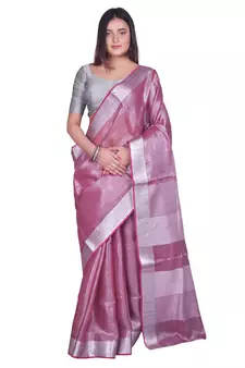 Handcrafted Magenta Tissue Linen saree with silver Zari border