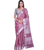 Handcrafted Magenta Tissue Linen saree with silver Zari border