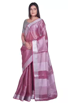 Handcrafted Magenta Tissue Linen saree with silver Zari border