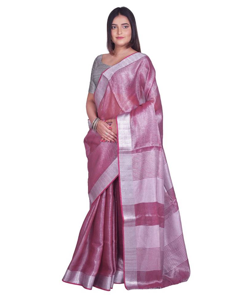 Handcrafted Magenta Tissue Linen saree with silver Zari border