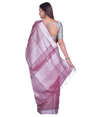 Handcrafted Magenta Tissue Linen saree with silver Zari border 3
