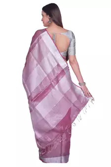 Handcrafted Magenta Tissue Linen saree with silver Zari border