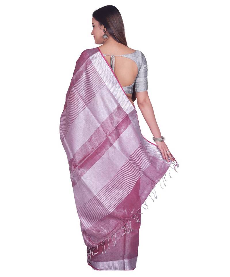 Handcrafted Magenta Tissue Linen saree with silver Zari border