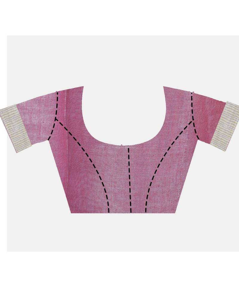 Handcrafted Magenta Tissue Linen saree with silver Zari border