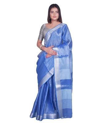 Handcrafted Blue Tissue Linen saree with silver Zari border 1