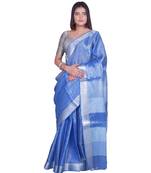 Handcrafted Blue Tissue Linen saree with silver Zari border