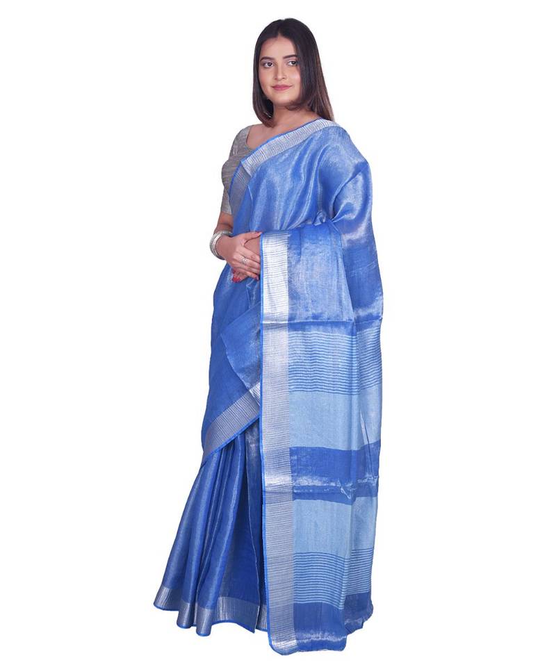 Handcrafted Blue Tissue Linen saree with silver Zari border