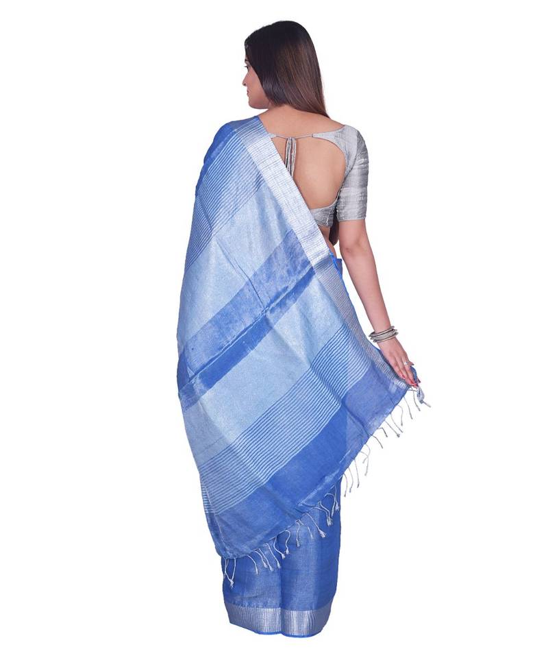 Handcrafted Blue Tissue Linen saree with silver Zari border