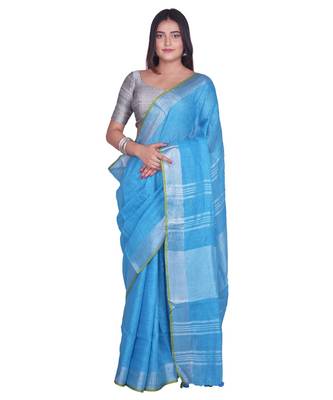 Handcrafted Sky Blue Linen saree with Silver zari border 1