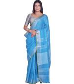 Handcrafted Sky Blue Linen saree with Silver zari border