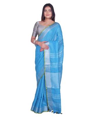 Handcrafted Sky Blue Linen saree with Silver zari border 2
