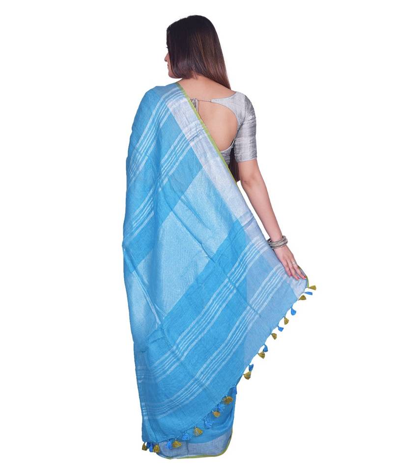 Handcrafted Sky Blue Linen saree with Silver zari border