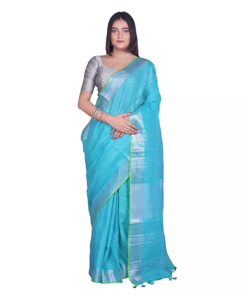Handcrafted Blue Linen saree with Silver zari border