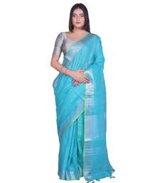 Handcrafted Blue Linen saree with Silver zari border