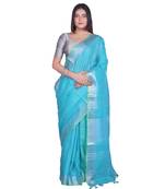 Handcrafted Blue Linen saree with Silver zari border