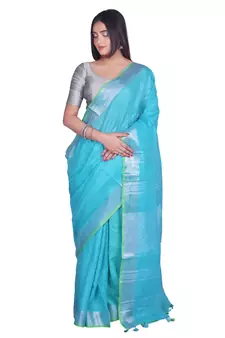 Handcrafted Blue Linen saree with Silver zari border