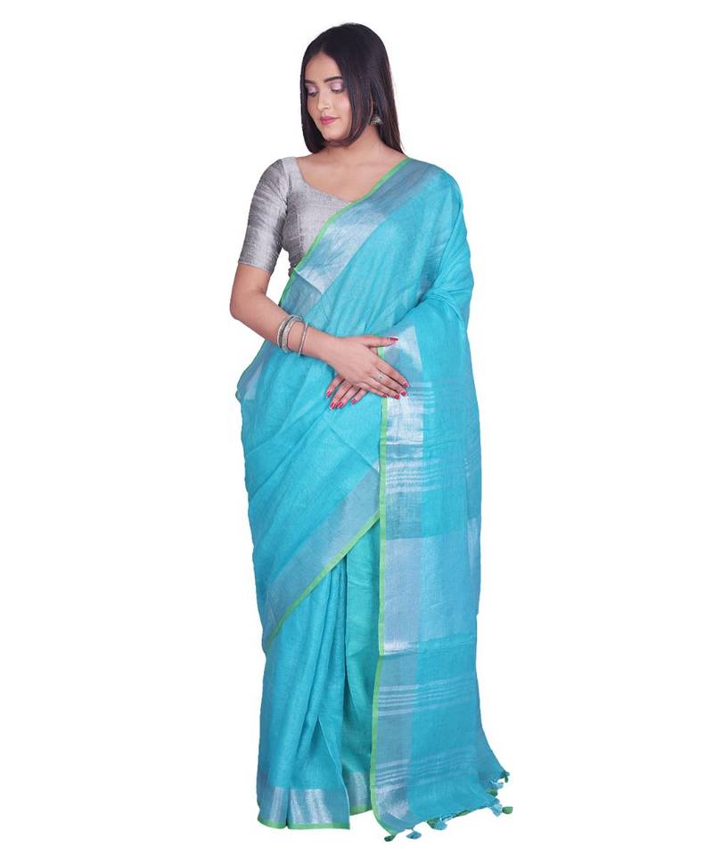 Handcrafted Blue Linen saree with Silver zari border