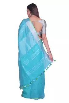 Handcrafted Blue Linen saree with Silver zari border
