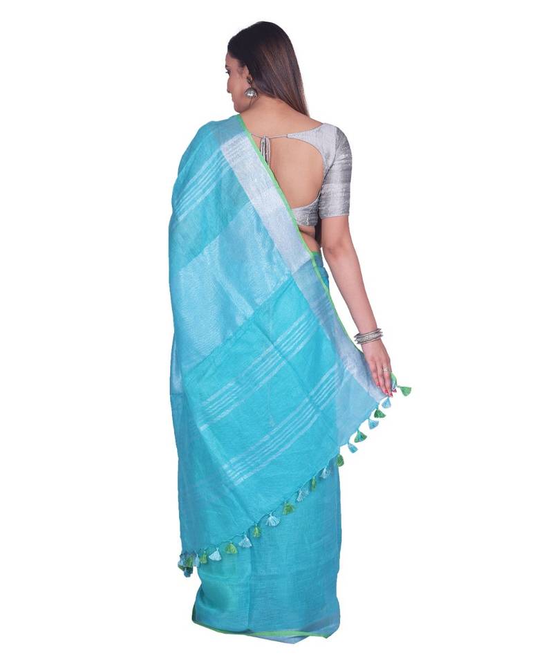Handcrafted Blue Linen saree with Silver zari border