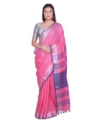Handcrafted Pink Linen saree with Silver zari border 1