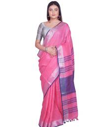 Handcrafted Pink Linen saree with Silver zari border