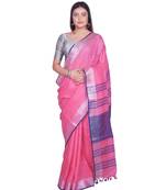 Handcrafted Pink Linen saree with Silver zari border