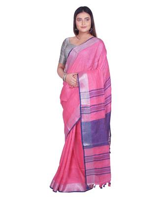 Handcrafted Pink Linen saree with Silver zari border 2