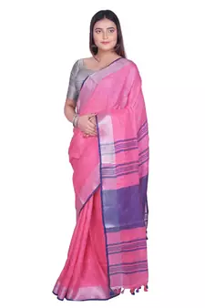 Handcrafted Pink Linen saree with Silver zari border