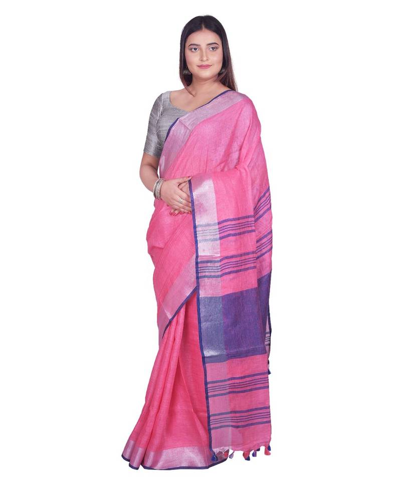 Handcrafted Pink Linen saree with Silver zari border