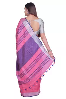 Handcrafted Pink Linen saree with Silver zari border