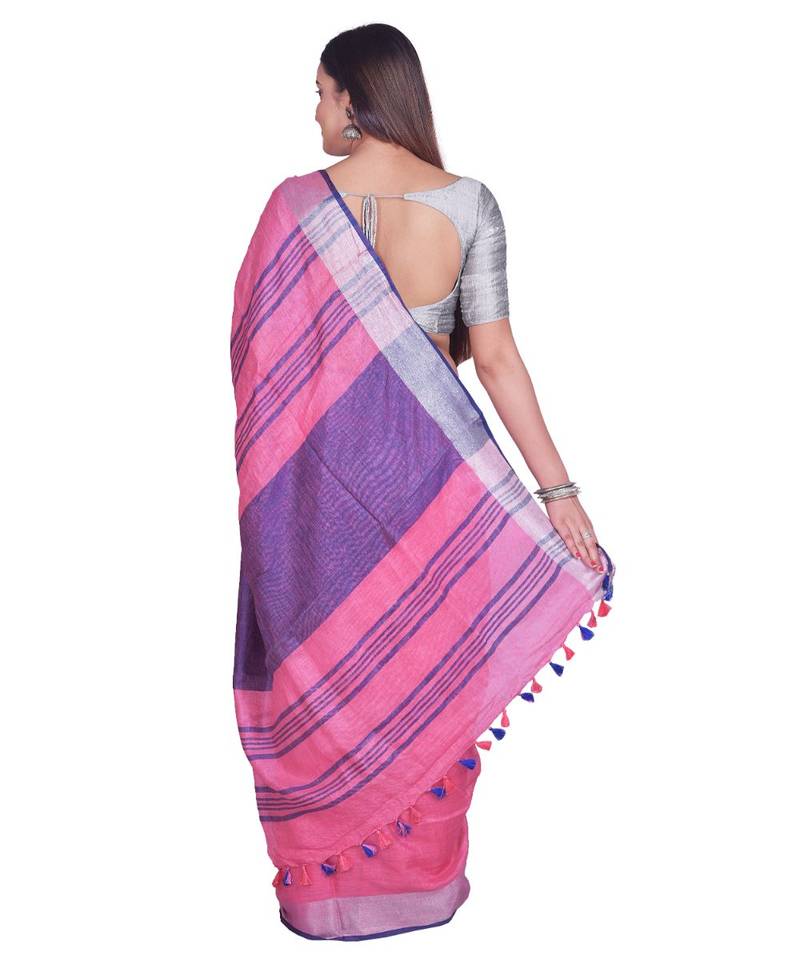 Handcrafted Pink Linen saree with Silver zari border