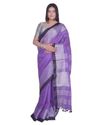 Handcrafted Purple Linen saree with Broad Silver zari border 1