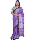 Handcrafted Purple Linen saree with Broad Silver zari border