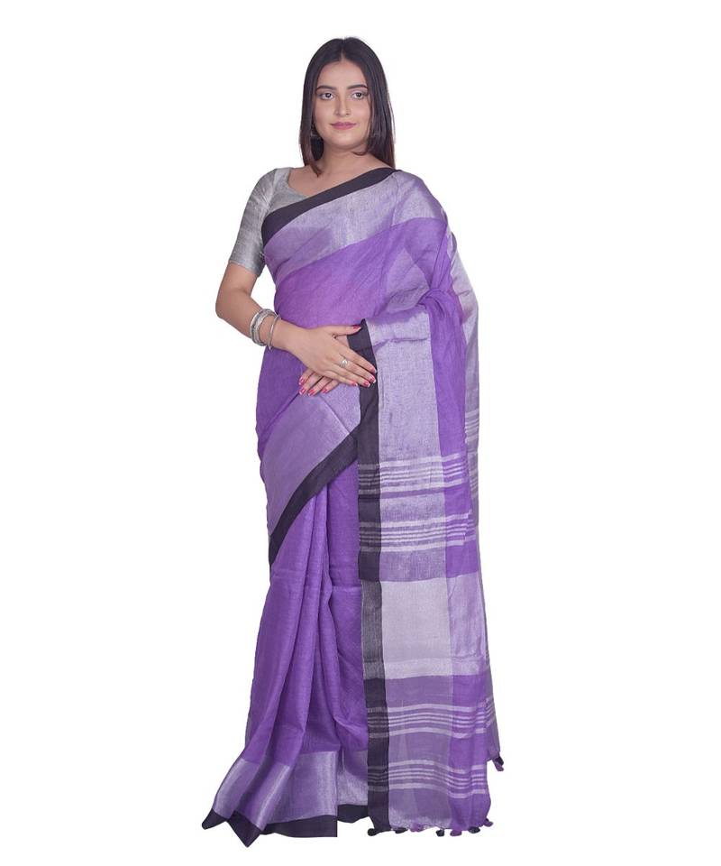 Handcrafted Purple Linen saree with Broad Silver zari border