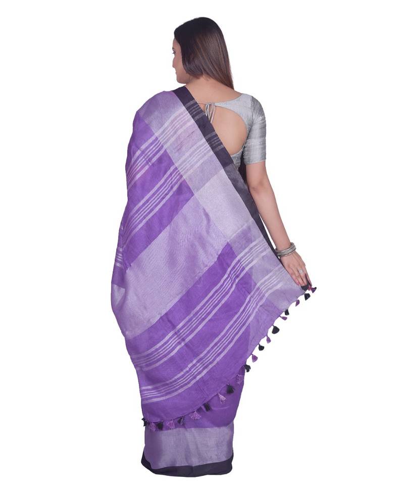 Handcrafted Purple Linen saree with Broad Silver zari border