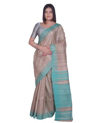 Handcrafted Tussar Ghicha Silk saree with sea green border 1
