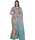 Handcrafted Tussar Ghicha Silk saree with sea green border