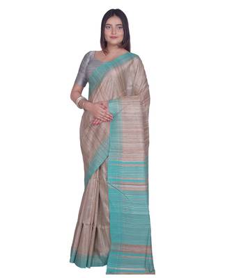 Handcrafted Tussar Ghicha Silk saree with sea green border 2