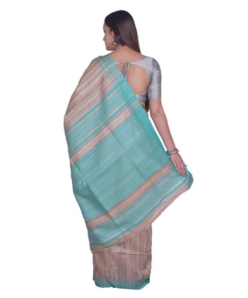 Handcrafted Tussar Ghicha Silk saree with sea green border
