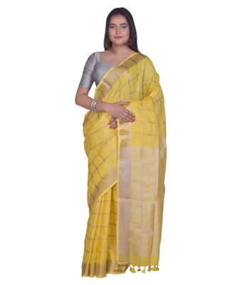 Handcrafted Yellow Linen saree with zari Checkered pattern 1