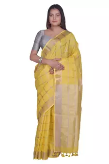 Handcrafted Yellow Linen saree with zari Checkered pattern