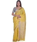 Handcrafted Yellow Linen saree with zari Checkered pattern