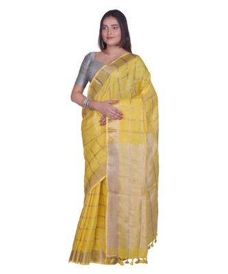 Handcrafted Yellow Linen saree with zari Checkered pattern 2