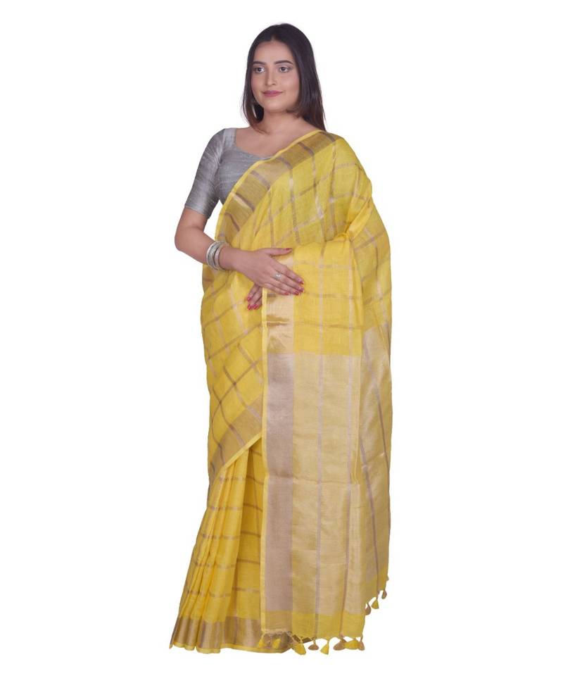 Handcrafted Yellow Linen saree with zari Checkered pattern