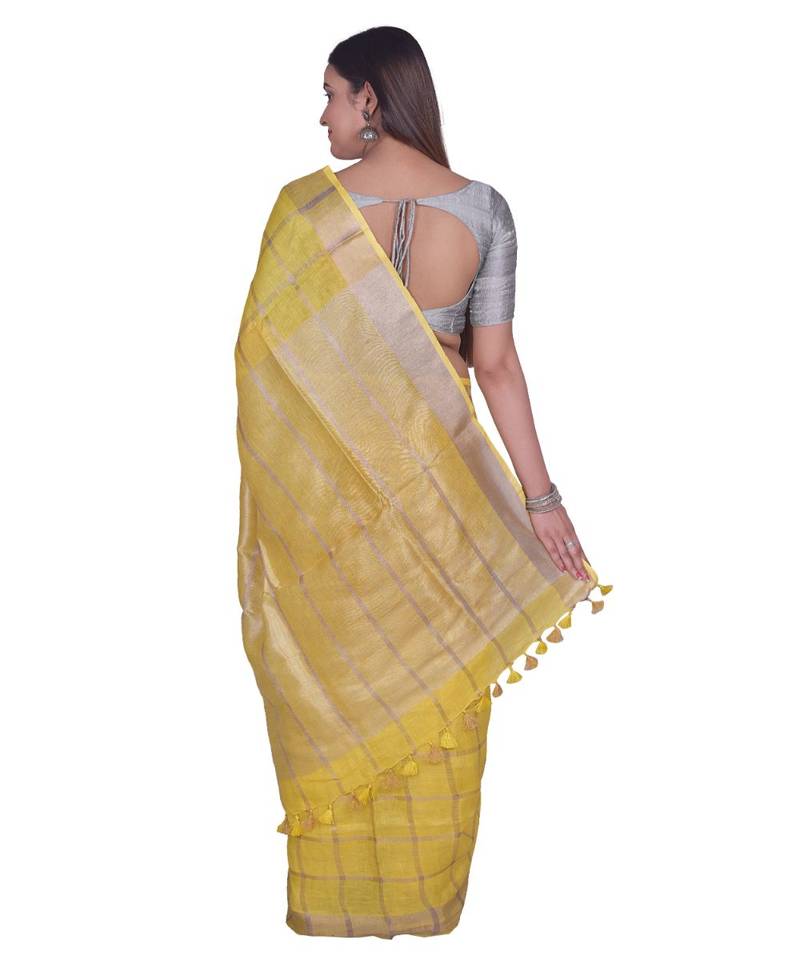 Handcrafted Yellow Linen saree with zari Checkered pattern