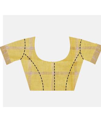 Handcrafted Yellow Linen saree with zari Checkered pattern 4