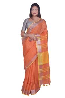 Handcrafted Orange Linen saree with Silver zari border