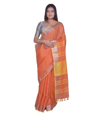 Handcrafted Orange Linen saree with Silver zari border 1